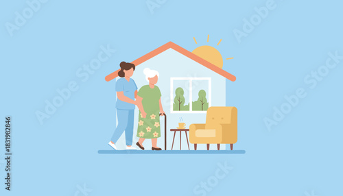 Professional caregiver assists elderly woman walking at home Home health and senior support concept