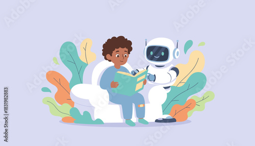 Illustration of a happy child reading a book with a friendly educational robot helper