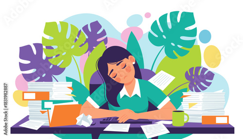 Exhausted office worker asleep on her desk overwhelmed by huge stacks of paperwork