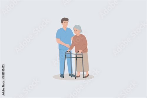 A nurse provides steady support to an elderly woman as she walks with a mobility walker, illustrating caregiving, assistance, and senior rehabilitation. Vector  illustration.