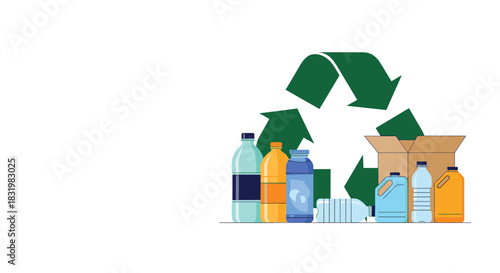 Various plastic bottles and containers, including jugs and a cardboard box, are ready for recycling, symbolized by a large green recycling logo.