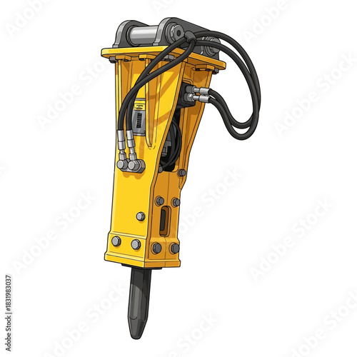 Yellow Hydraulic Breaker Attachment for Excavator.