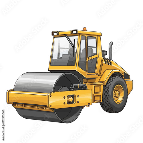 Yellow Road Roller Construction Vehicle Illustration.