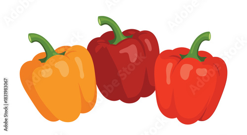 Three fresh, vibrant orange and red bell peppers arranged on a clean white background, ideal for healthy eating and culinary content.