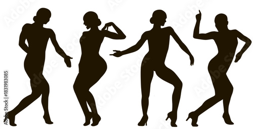 Set of black vector silhouettes of sportive dancing woman.
