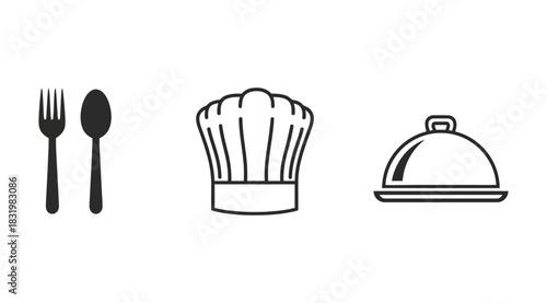Minimalist culinary icons fork spoon chef hat and covered dish illustration