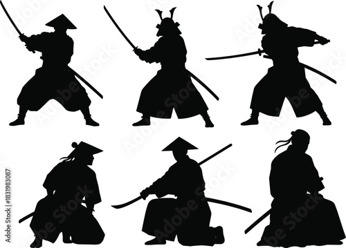 PrintSamurai silhouette, katana warrior, kneeling samurai, Japanese armor, meditation pose, martial stance, bushido fighter, ancient combat, traditional Japan, sword discipline
