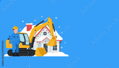 Worker with excavator clearing snow near a decorated house Winter construction and property maintenance service
