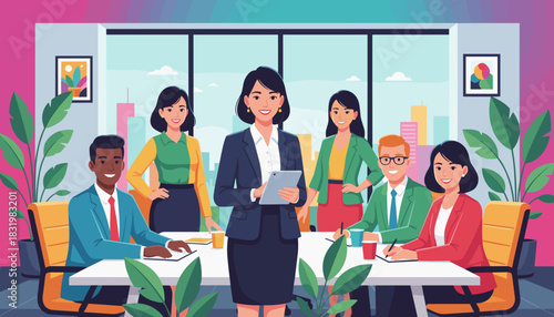 Diverse business team meeting in a modern conference room with a strong female leader
