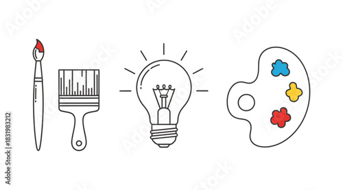 Artistic inspiration paintbrushes light bulb and palette in a creative sketch