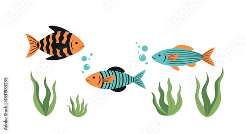 Three colorful cartoon fish swim happily in a whimsical underwater scene with green seaweed and cheerful blue bubbles.