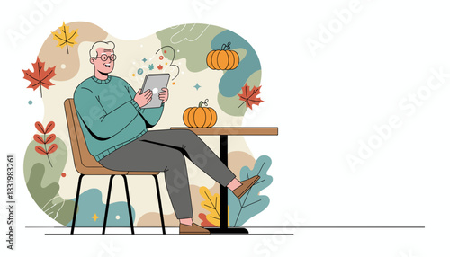 Senior man using tablet in a cozy autumn scene with pumpkins Digital life for seniors