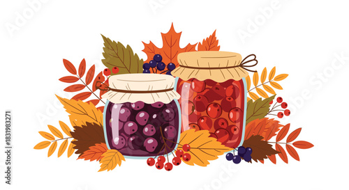 Jars of homemade dark and red berry preserves, adorned with colorful autumn leaves and scattered fresh berries, perfect for a cozy fall harvest theme.