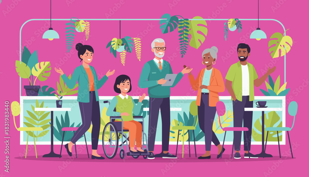 Fototapeta premium Diverse group meeting happily in a bright cafe with houseplants