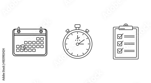 Calendar stopwatch and checklist icons representing time management and productivity