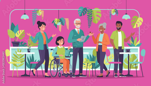 Diverse group meeting happily in a bright cafe with houseplants