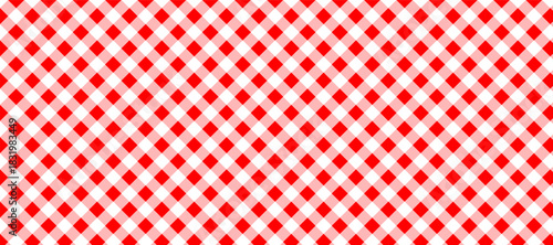 Seamless diagonal red and white checkered pattern. Classic texture of picnic tablecloth, Italian pizza cloth, retro basket napkin, vintage textile, wrapping paper, and vector background