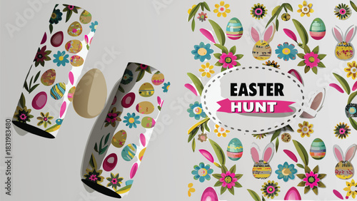 A festive easter scene featuring decorative easter eggs colorful flowers and bunny ears with a central easter hunt banner suggesting a joyful holiday celebration and activity