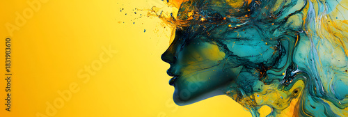 Abstract Profile of Woman’s Face Emerging from Turquoise and Yellow Paint