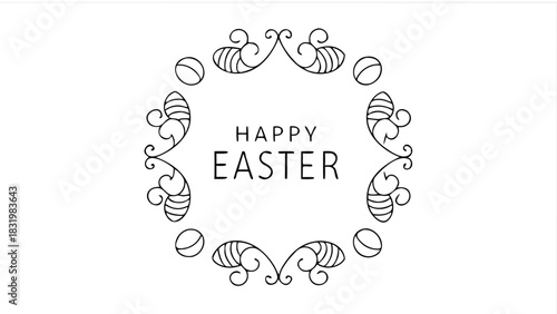 Elegant black line art frame with happy easter text and decorative elements like eggs and swirls on a white background