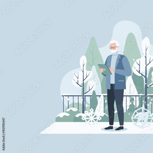 Stylish senior man browsing tablet on a cold snowy holiday patio