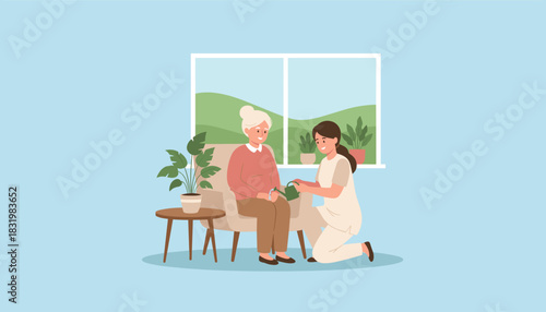 Caregiver helps senior woman water plants indoors Home healthcare and companionship concept