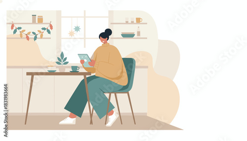 Woman uses tablet while sitting at a kitchen table Home office remote work concept