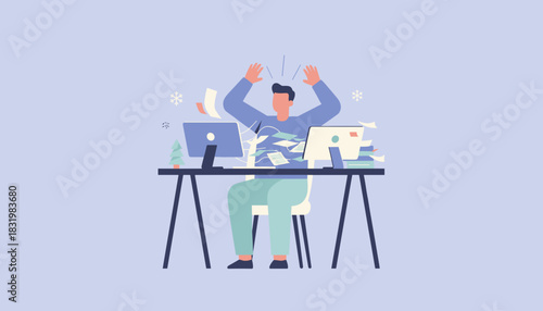 Stressed office worker panicking over heavy workload during the winter holidays