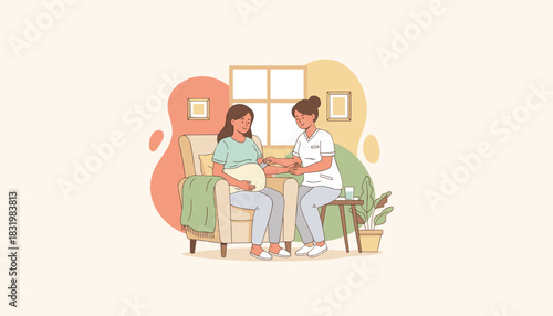 Healthcare professional provides prenatal checkup for pregnant woman sitting in chair