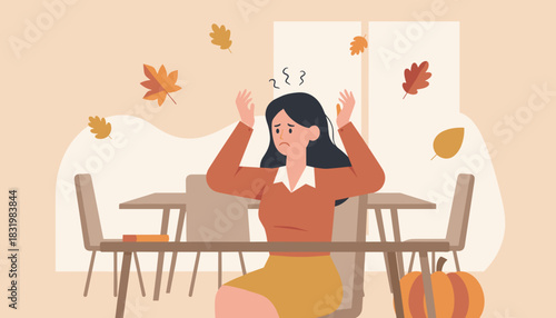 Stressed woman dealing with autumn anxiety or seasonal mental burnout indoors Flat vector design