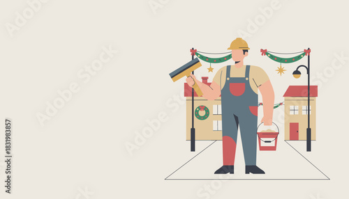 Worker in hard hat installing festive Christmas decorations on a street with houses