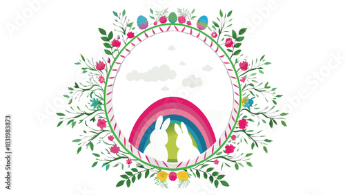 Whimsical easter frame with two white bunny silhouettes against a colorful rainbow and fluffy clouds adorned with floral branches and painted eggs
