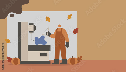 Manufacturing worker operates machinery in an autumn setting with pumpkins and falling leaves