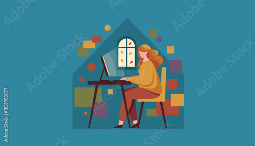 Professional woman works remotely from home on a computer Freelance telework or stay home concept
