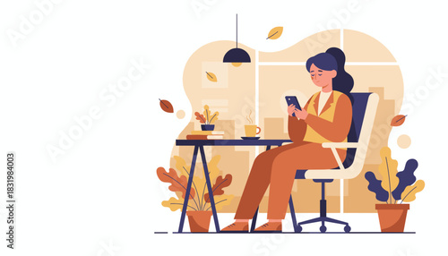 Businesswoman using smartphone at cozy office desk during autumn