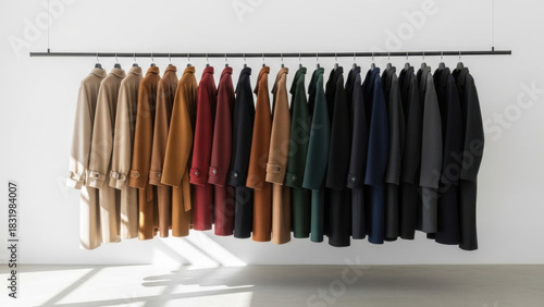 Stylish coats in various colors hanging on a rack against a white wall with natural light. Fashionable outerwear for a retail store or clothing collection, isolated on transparent background.