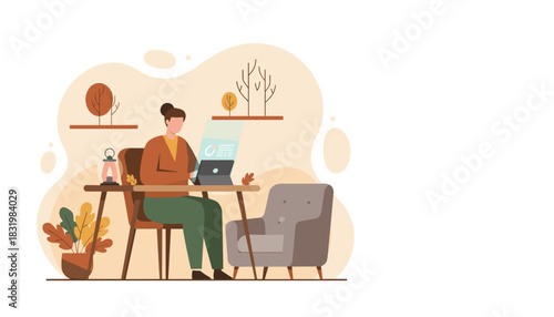 Woman working remotely on a tablet in a cozy autumnthemed home office Freelance comfort technology
