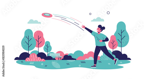 A happy person enjoying a sunny day outdoors, throwing a frisbee in a vibrant, stylized park.