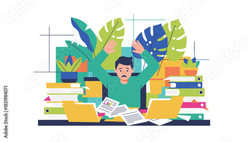 Overwhelmed worker drowning in office paperwork and files Stress deadline and burnout concept