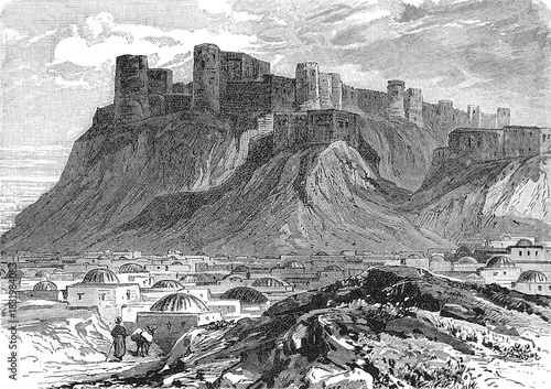 Herat Citadel, Qala Ikhtyaruddin, ancient fortress in western Afghanistan, remarkable example of Persian architecture and key strategic point on the Silk Road, old vintage illustration, 1899