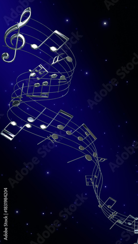 silver metal 3d musical notes and shiny glitter particles , music notas on blue song play and concert vertical social media background	