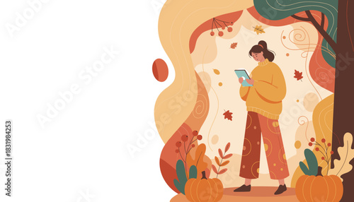 Cozy fall illustration Woman using a tablet next to pumpkins and autumn foliage with copy space