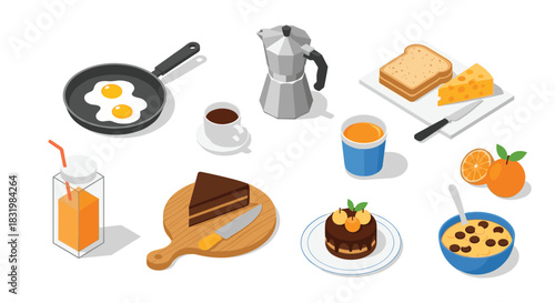 An isometric collection of diverse breakfast and meal items including eggs, coffee, juice, bread, cheese, cake, and cereal on a white background.