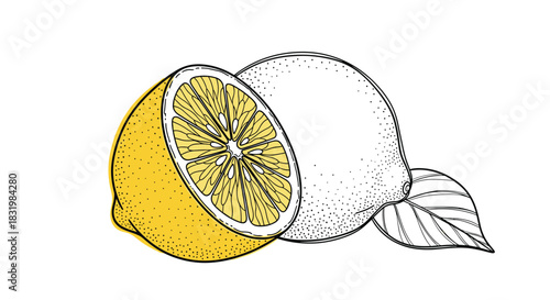 Detailed hand-drawn illustration showcasing a fresh yellow lemon cut in half, placed next to a whole lemon with a natural leaf.
