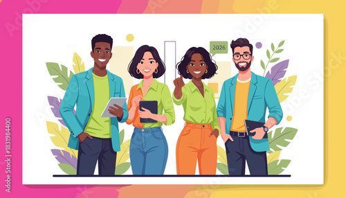 Diverse professional team smiling with tablets Business collaboration and projected success for 2026