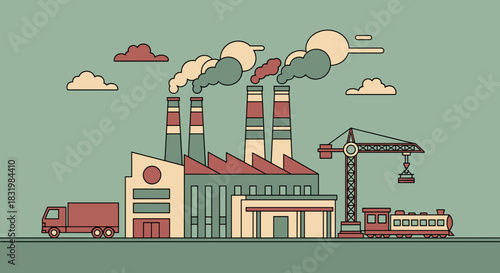 Retro illustration of an industrial factory complex with smokestacks crane truck and train
