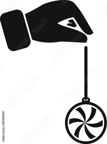 Hand holding a hypnotizing pendulum icon on a white background