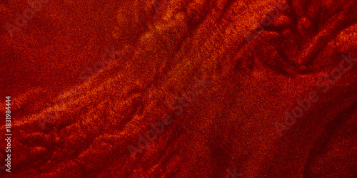 Shimmering red abstract background. Liquid glitter paint texture waves and swirls. Beautiful shiny red glitter texture. Metallic paint close-up as a holiday background.