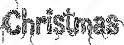 Black and white line art text for Christmas with curly decorative elements lettering typography