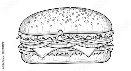 Detailed line art illustration of a classic layered hamburger with sesame seeds, perfect for menus and food-related designs.